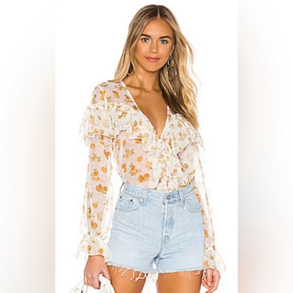 MAJORELLE Revolve Mariel Floral Sheer Ruffles Romantic Blouse in Misty Yellow - Picture 1 of 3